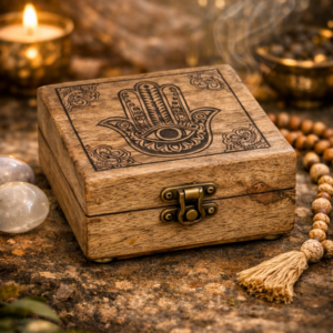 Caja decorativa de madera Mano de Fátima – 10×10 cm