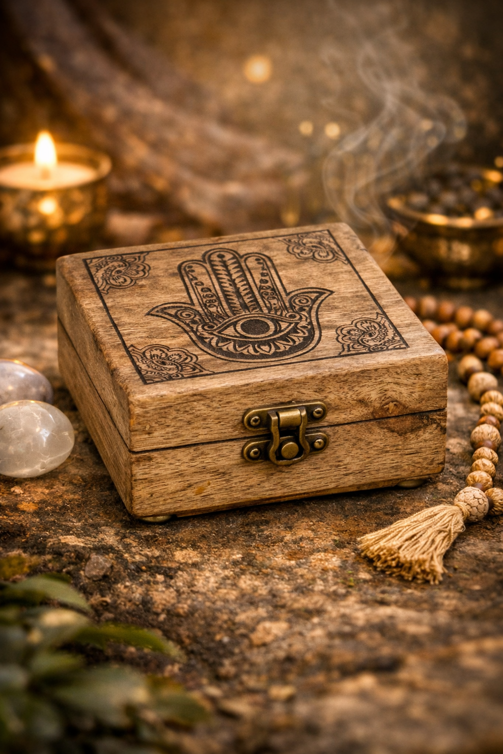 Caja decorativa de madera Mano de Fátima – 10×10 cm