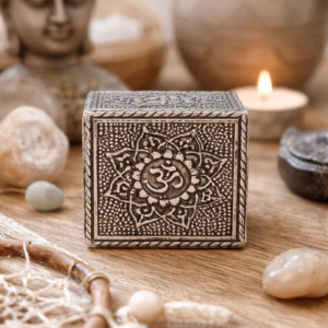 735d8266-0b97-4f14-b8b6-05ccb8a464bd Caja decorativa MDF símbolo Om – 5×5 cm