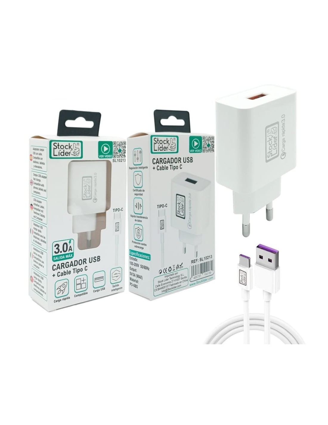 Cargador USB con cable Tipo C – Carga rápida 3.0A