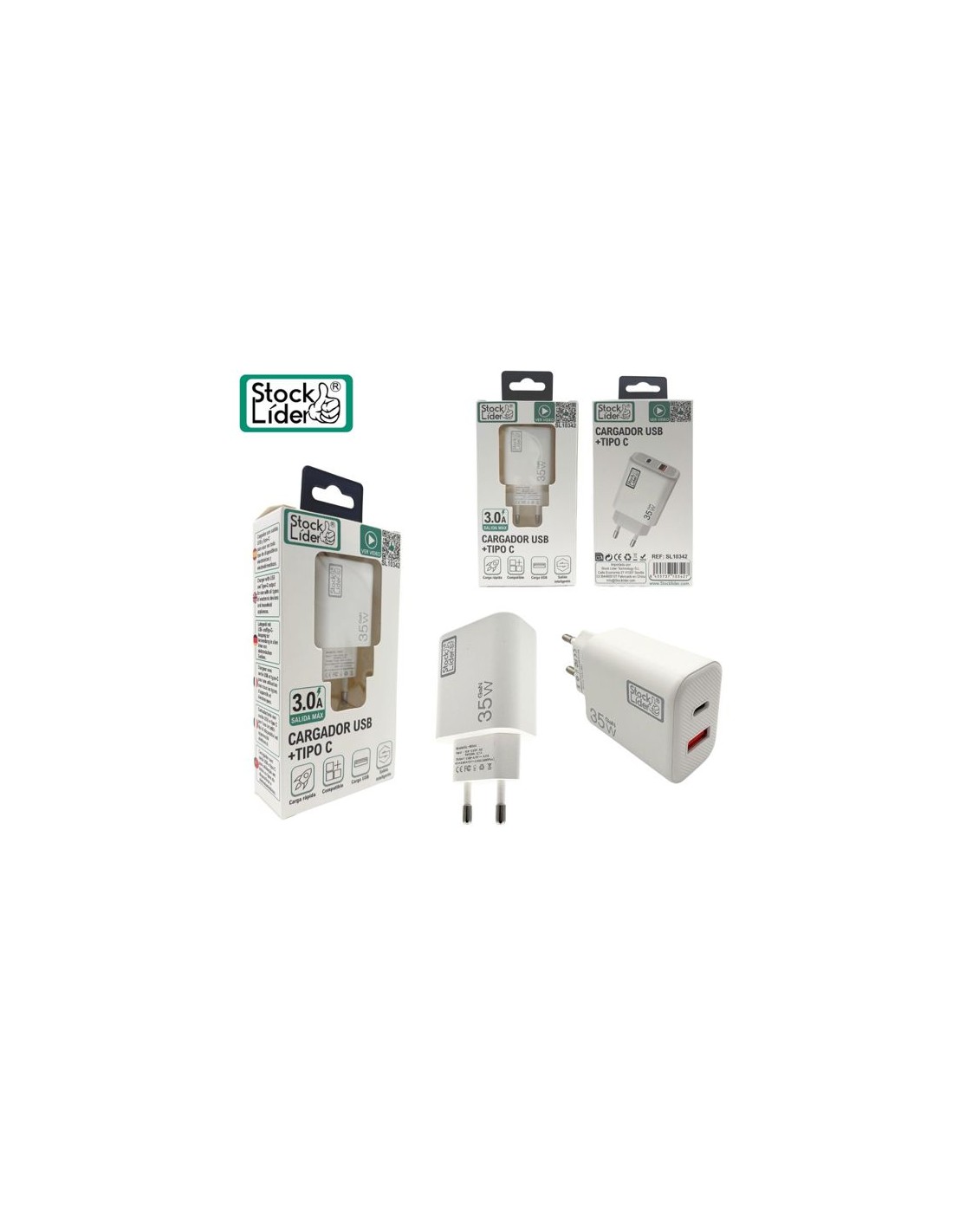 Cargador rápido 35W con doble salida USB y Tipo C