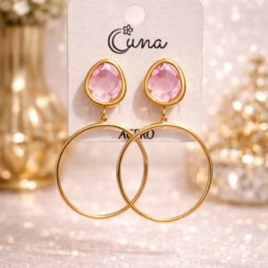 Pendientes Elegantes con Cristal Rosa y Aro Dorado