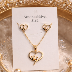 Collar y Pendientes Corazón con Corona Dorado