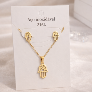 Collar y Pendientes Mano de Fátima Dorado Acero Inoxidable 316L
