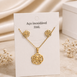 Conjunto de Joyas Flor Dorada de Acero Inoxidable 316L