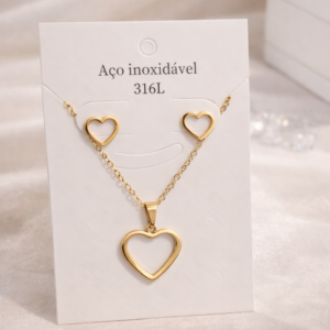 Collar y Pendientes Corazón Abierto Dorado