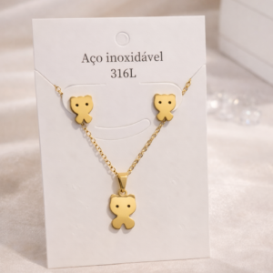 Collar y Pendientes Osito Dorado Acero Inoxidable 316L
