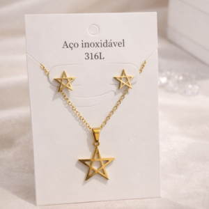 Collar y Pendientes Estrella Dorada Acero Inoxidable 316L