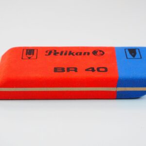 Close-up of a red and blue Pelikan BR 40 eraser, perfect for office supplies.