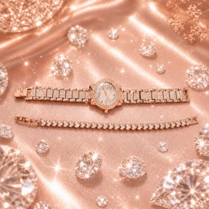 Set Reloj Oro Rosa Mujer+Pulsera Brillante 💎 Estilo Lujo Fantasía