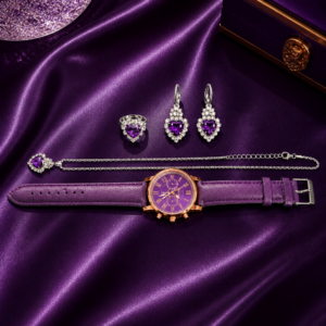 Set de joyería elegante con reloj y cristales–estilo lujo 💜✨
