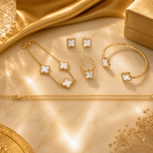 Set Trébol Blanco Nacar y Dorado –  Fantasía Elegantes 🤍✨