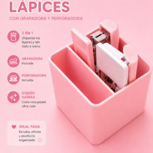 60b3d288-253c-4eef-8df0-da64a47c2479 Portalápices Rosa Pastel con Grapadora y Perforadora