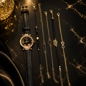 Set Reloj Mujer Negro y Pulseras Doradas–Bisutería Elegante🖤