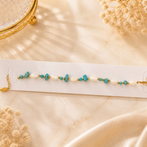 Pulsera Elegante Turquesa & Perlas – Acero Inoxidable ✨💙