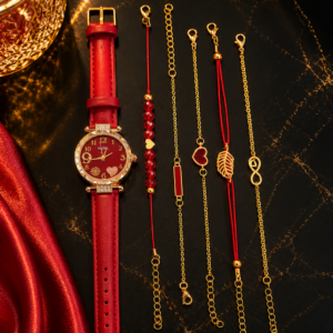 Set Reloj Mujer Rojo con Pulseras Doradas –Bisutería Elegante❤️