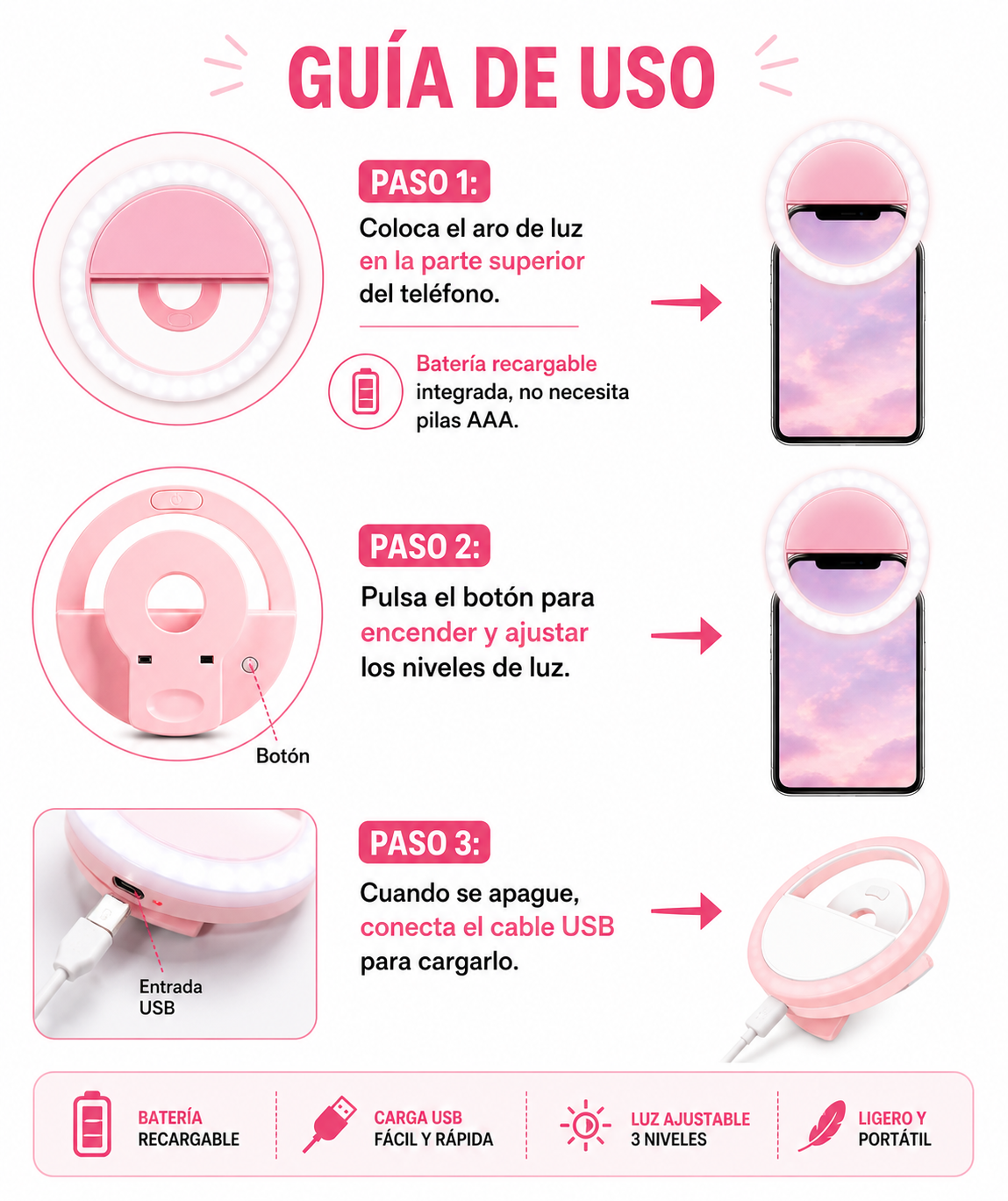 Aro de Luz LED para Selfie Recargable USB – Luz Ajustable - Imagen 2
