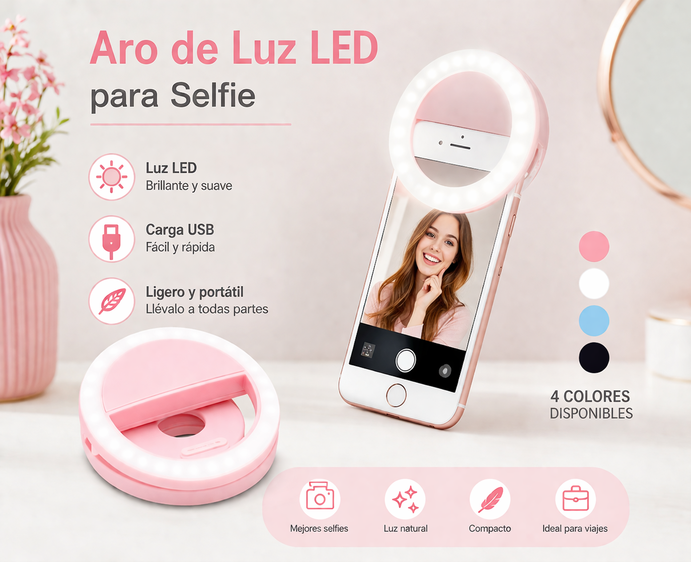 Aro de Luz LED para Selfie Recargable USB – Luz Ajustable
