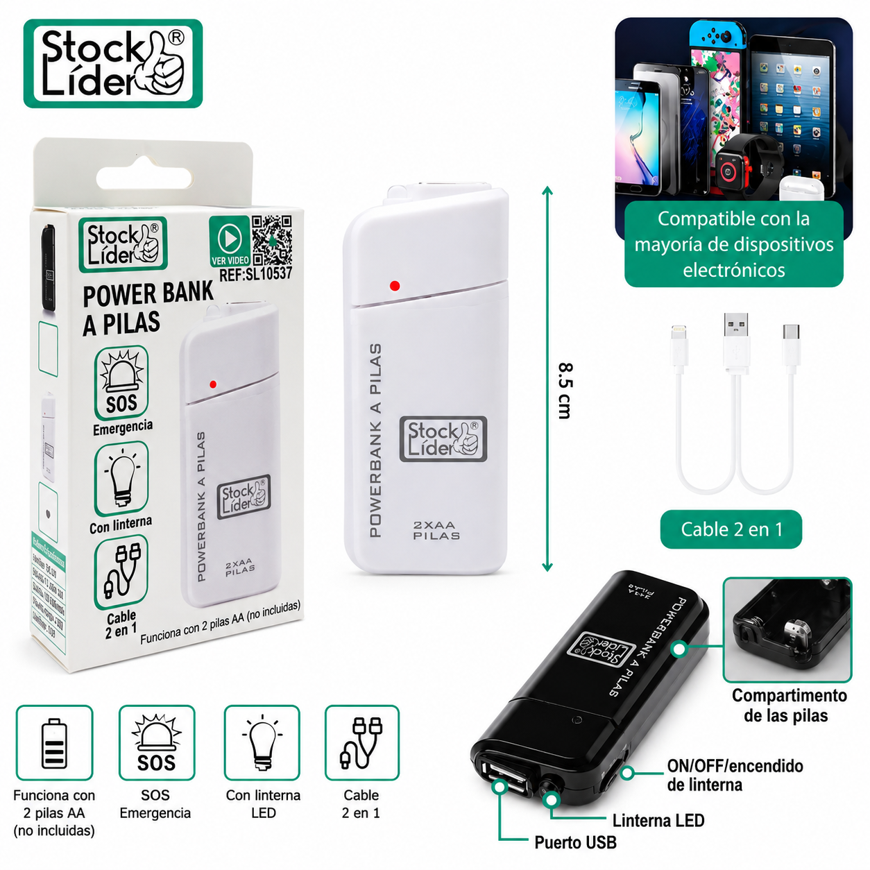 Mini Power Bank SOS con Linterna LED y Cable 2 en 1 🔋✨