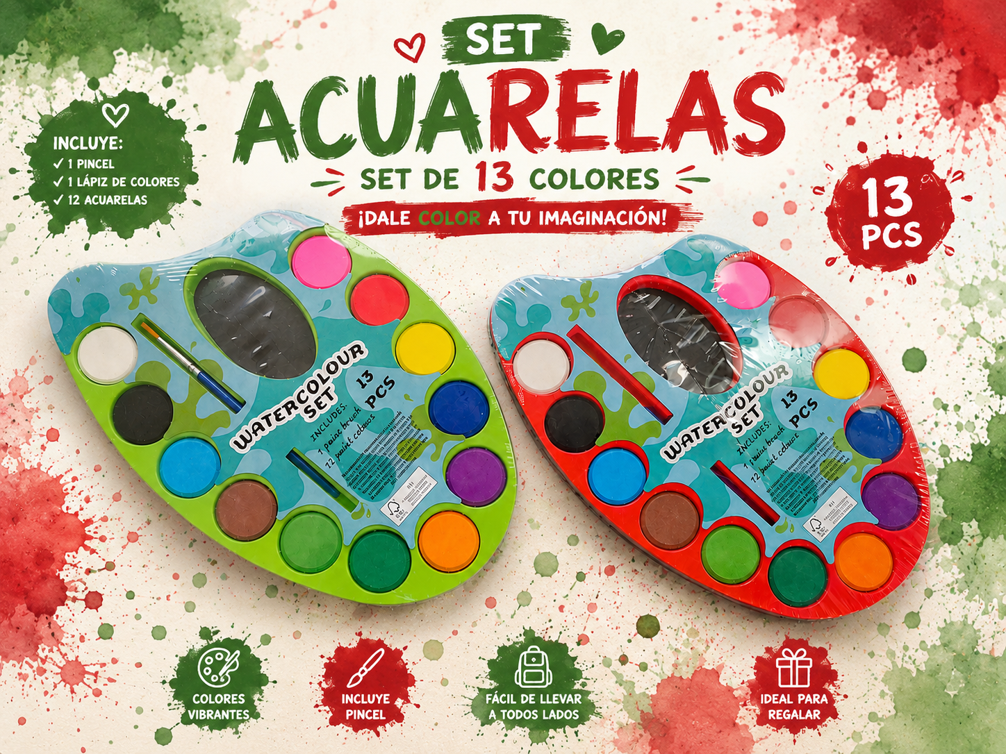 🎨 Set de Acuarelas Infantil 13 Piezas
