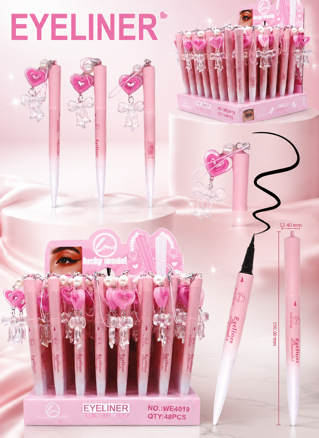 Eyeliner Kawaii Rosa con Charm de Corazón y Lazo ✨