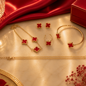 Set Trébol Rojo y Dorado – Joyas Fantasía Elegantes ❤️✨