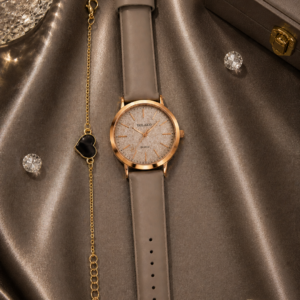 Reloj Mujer Fantasía Taupe con Pulsera Corazón Negro 🖤