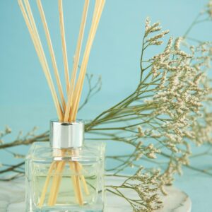 Composition of aroma sticks in glass diffuser with Gypsophila branches against blue background
