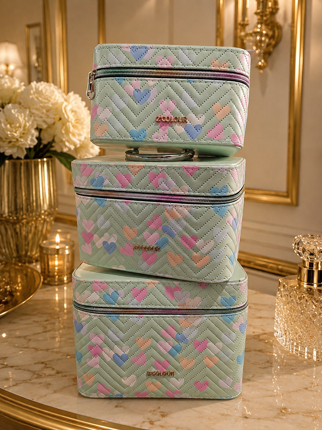 Set de 3 Neceseres Premium Corazones Pastel 💚