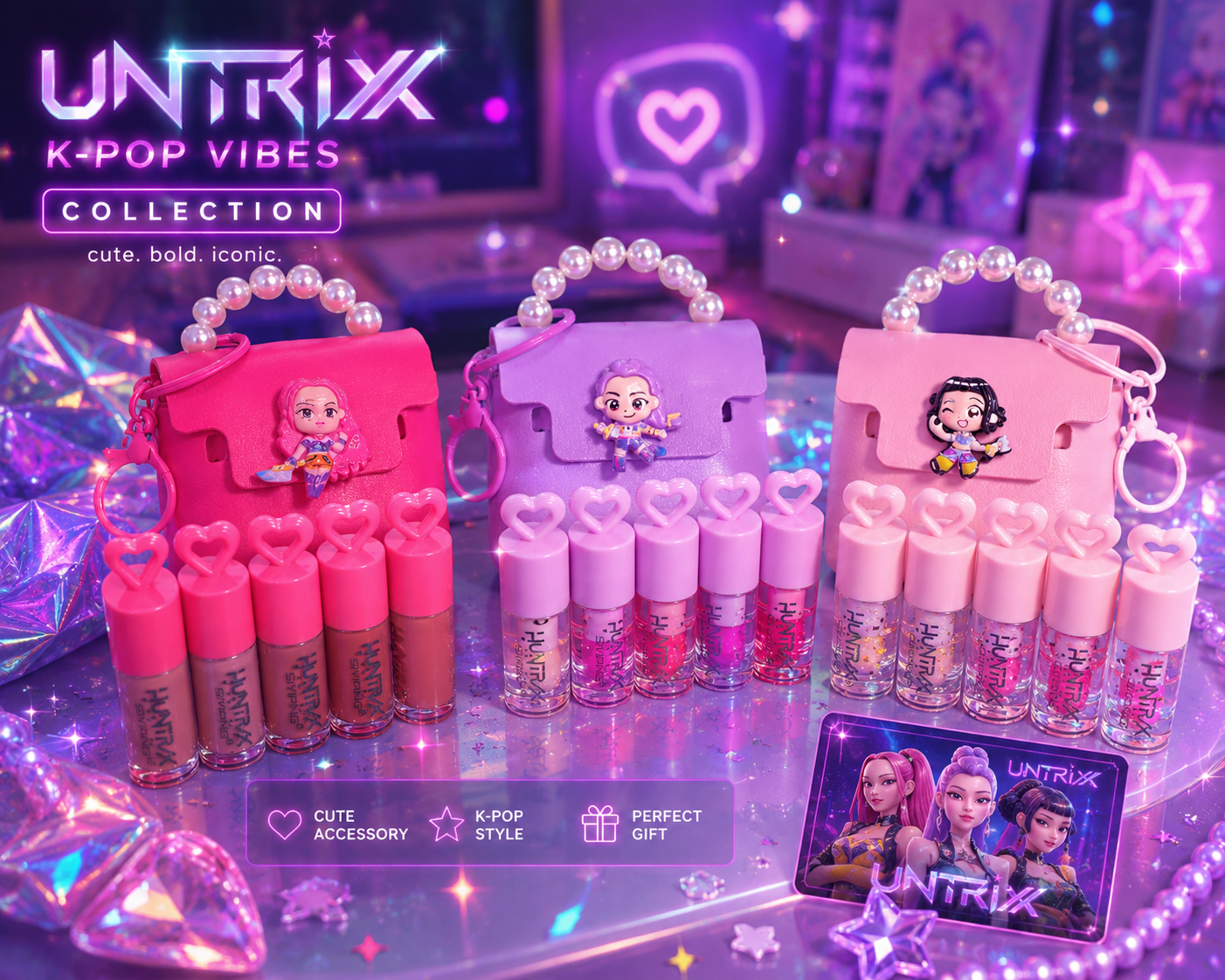 💜Set K-Pop UNTRIX Mini Bolso + Brillos Labiales 💄