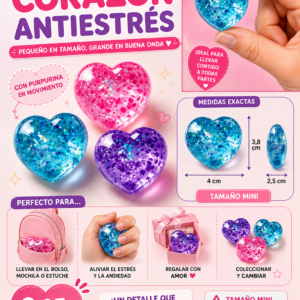 Mini Corazón Antiestrés con Purpurina 4 cm Good Vibes💜💙🩷