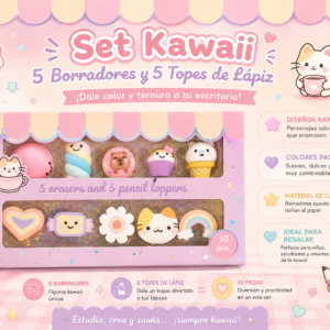 Set Kawaii 10 Piezas – 5 Borradores + 5 Topes para Lápiz